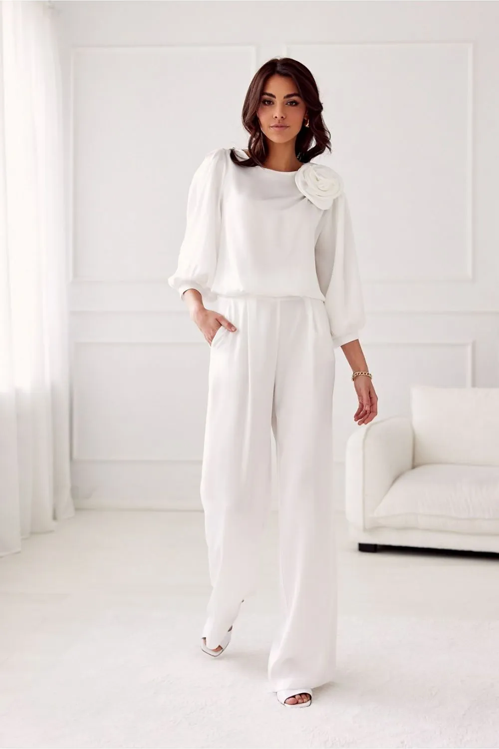 Rose-Embellished Loose Fit Satin Blouse