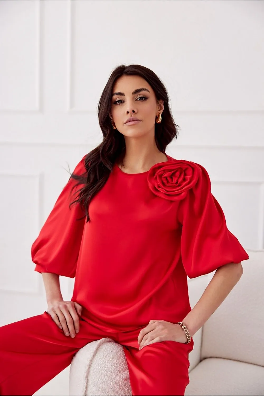 Rose-Embellished Loose Fit Satin Blouse