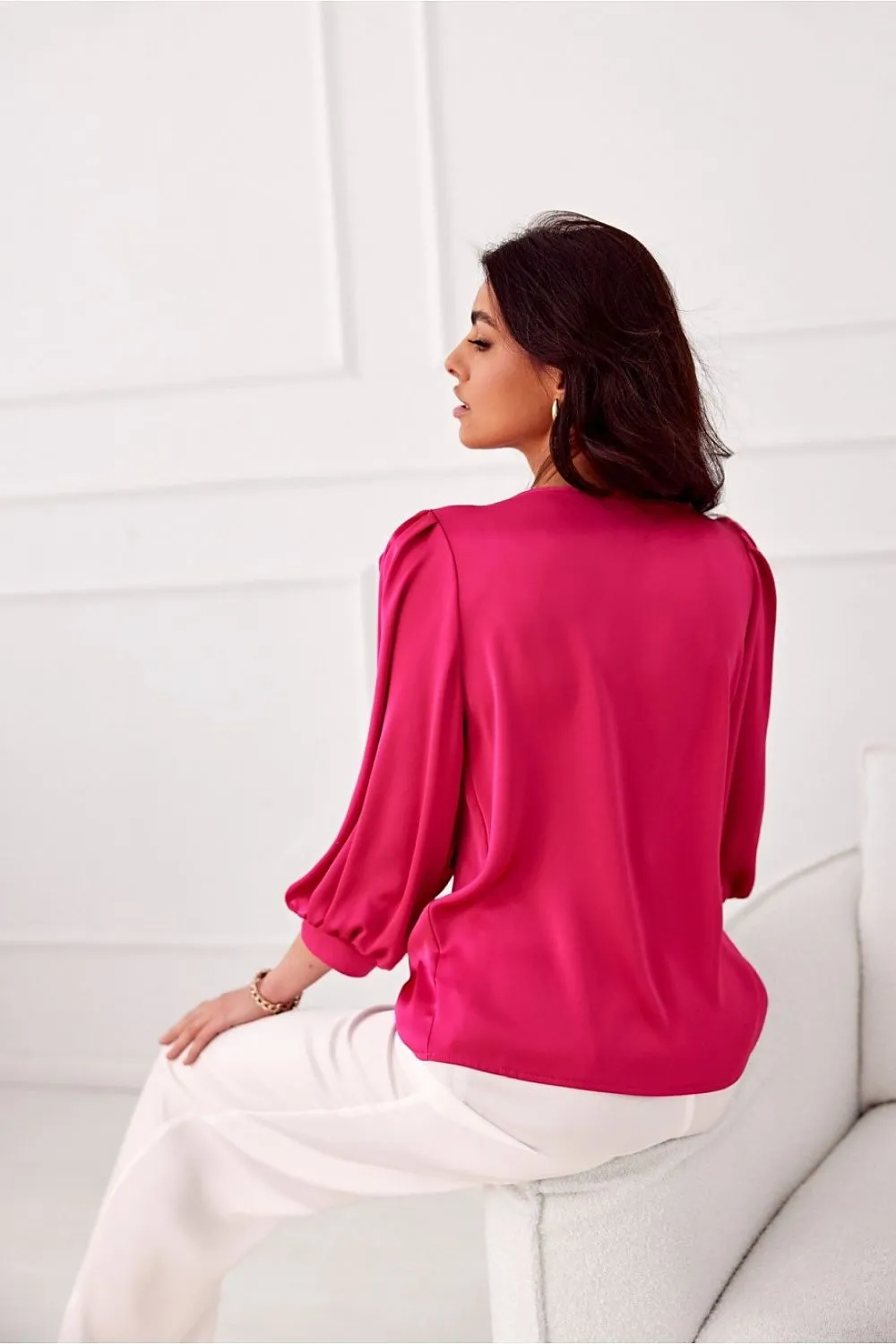Rose-Embellished Loose Fit Satin Blouse