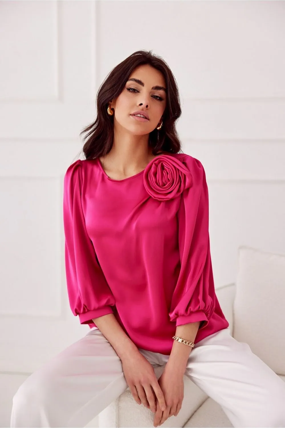 Rose-Embellished Loose Fit Satin Blouse