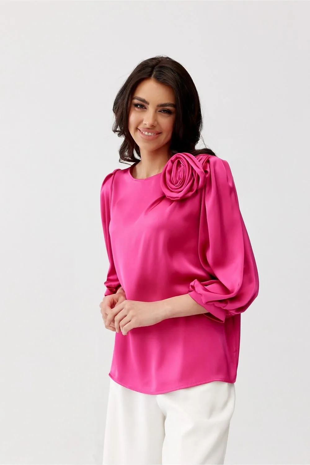 Rose-Embellished Loose Fit Satin Blouse