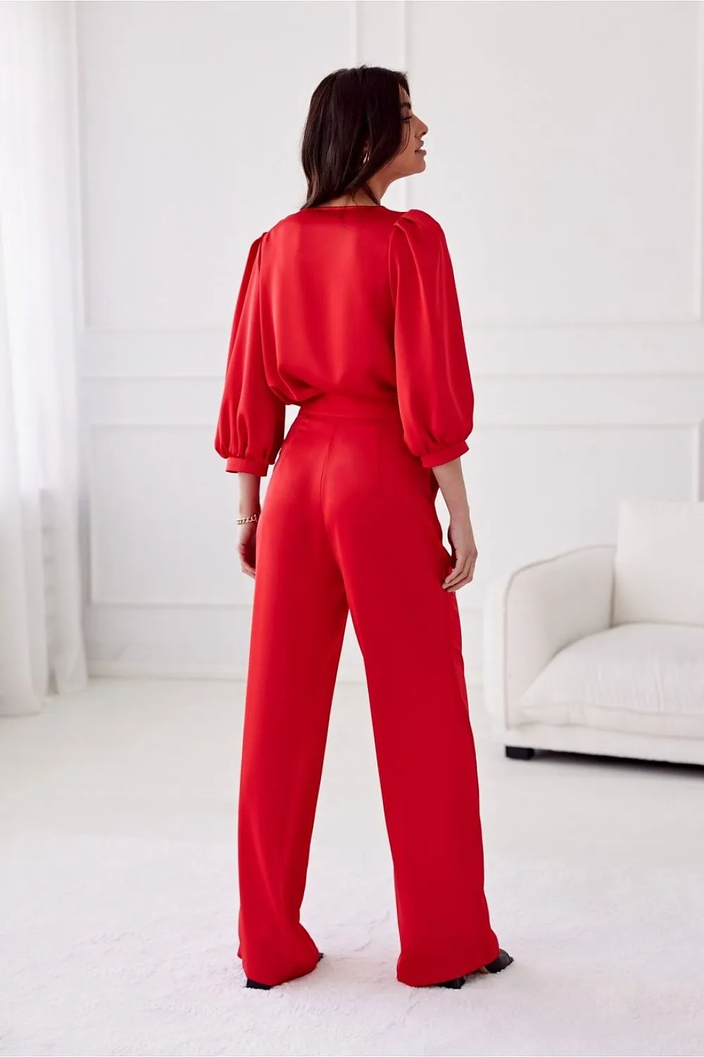 Rose-Embellished Loose Fit Satin Blouse