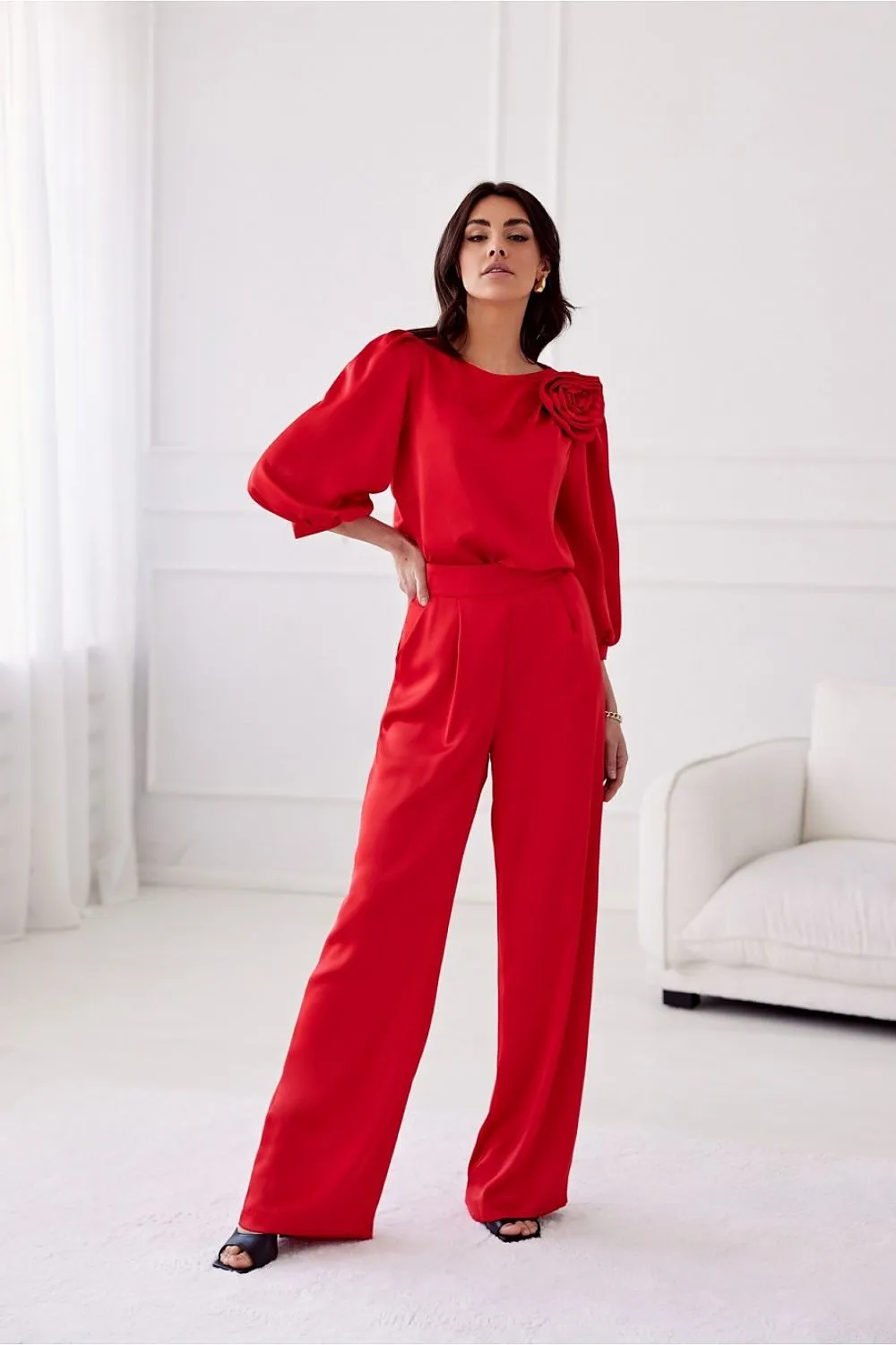 Rose-Embellished Loose Fit Satin Blouse