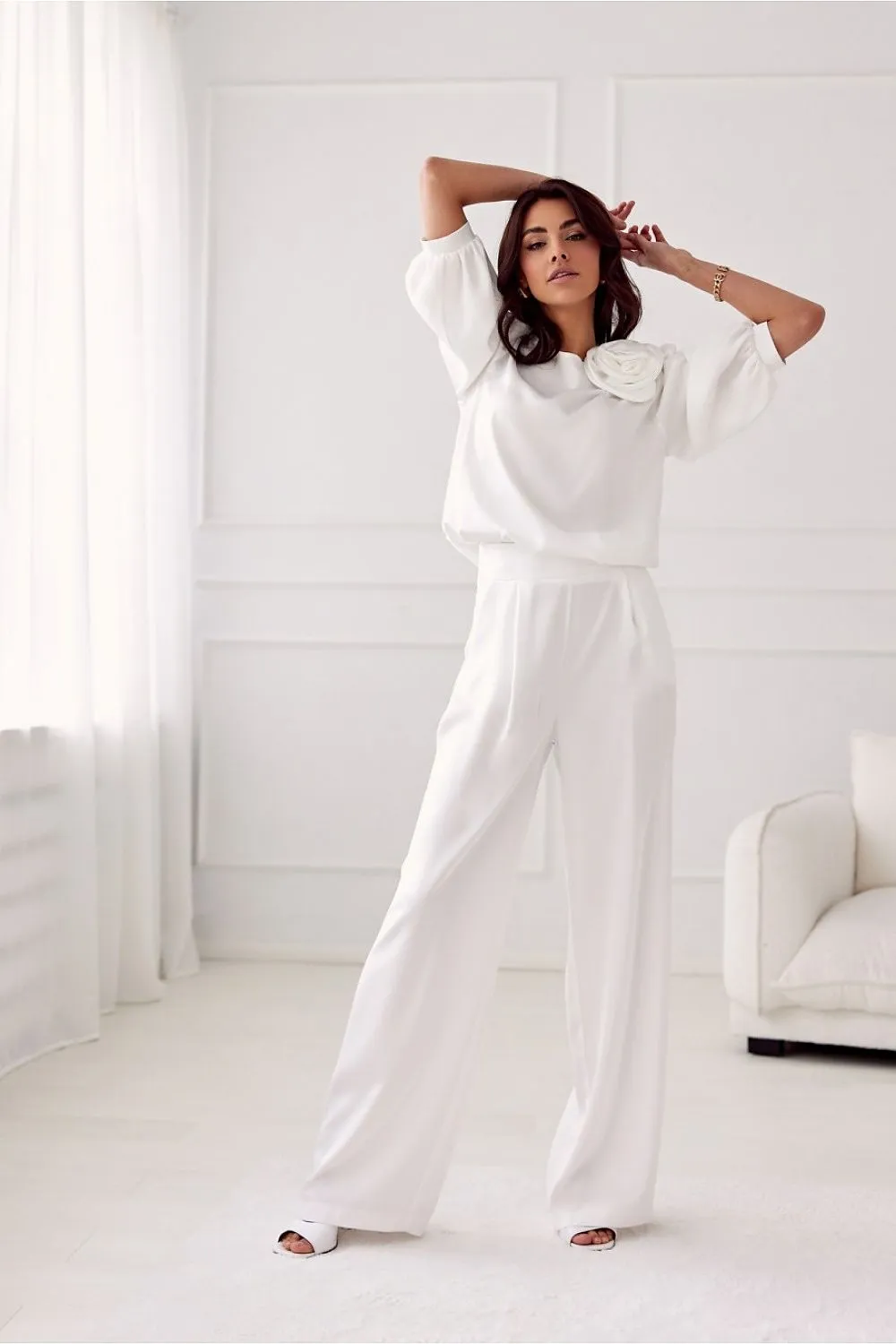 Rose-Embellished Loose Fit Satin Blouse