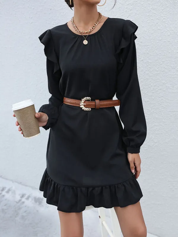 Ruffled Mini Dress with Long Sleeves and Belted Waist