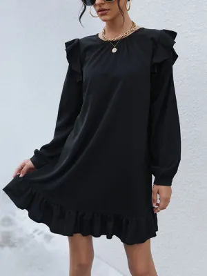 Ruffled Mini Dress with Long Sleeves and Belted Waist