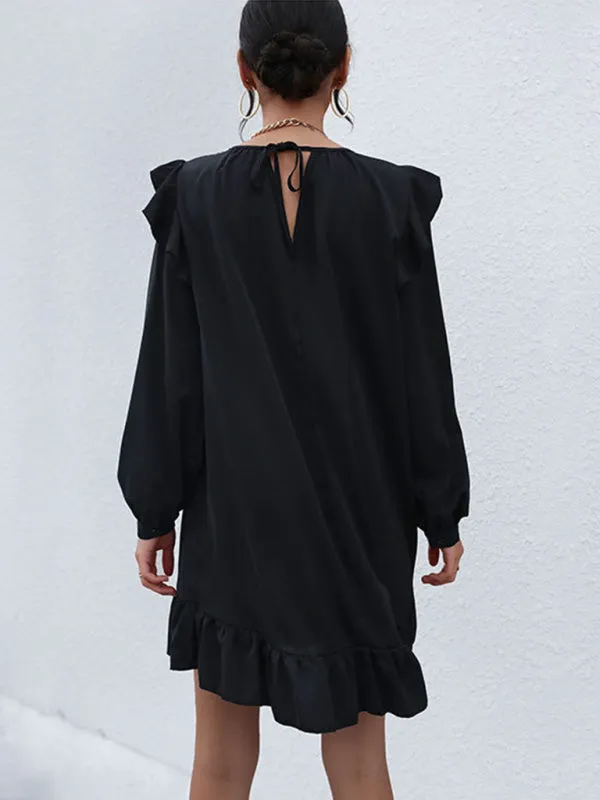 Ruffled Mini Dress with Long Sleeves and Belted Waist