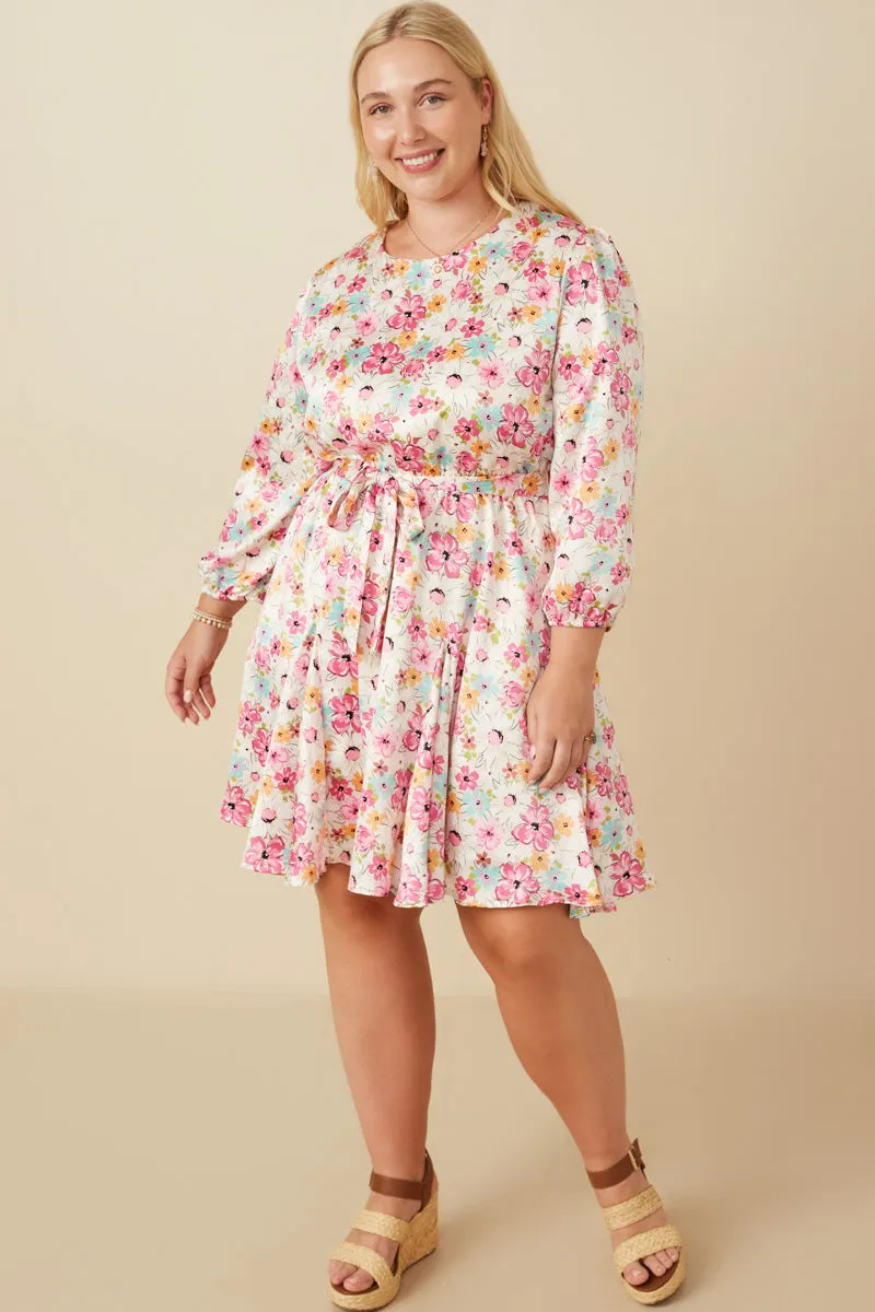 Satin Floral Long Sleeve Belted Flare Skirt Dress