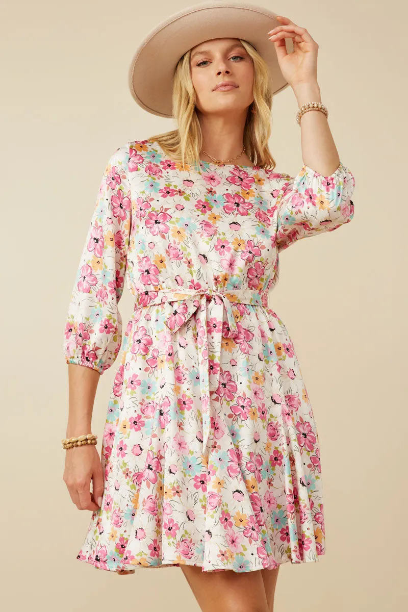 Satin Floral Long Sleeve Belted Flare Skirt Dress