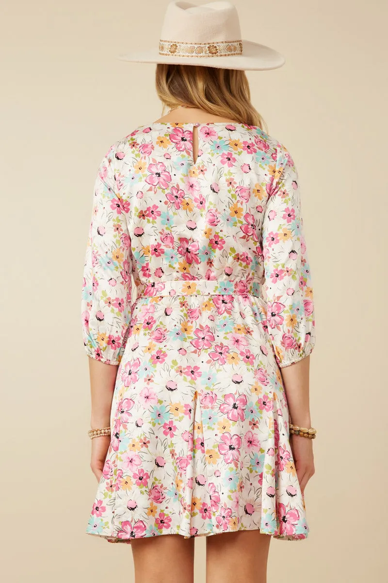Satin Floral Long Sleeve Belted Flare Skirt Dress