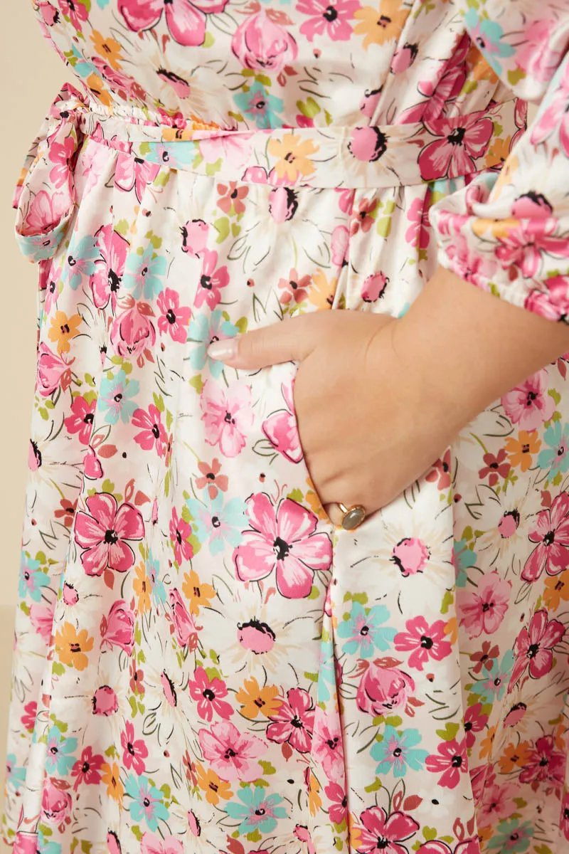 Satin Floral Long Sleeve Belted Flare Skirt Dress