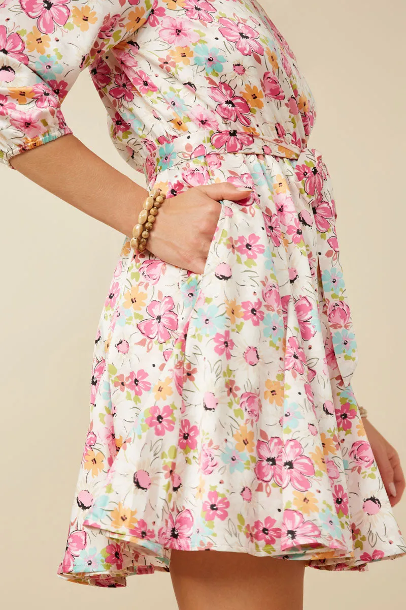Satin Floral Long Sleeve Belted Flare Skirt Dress