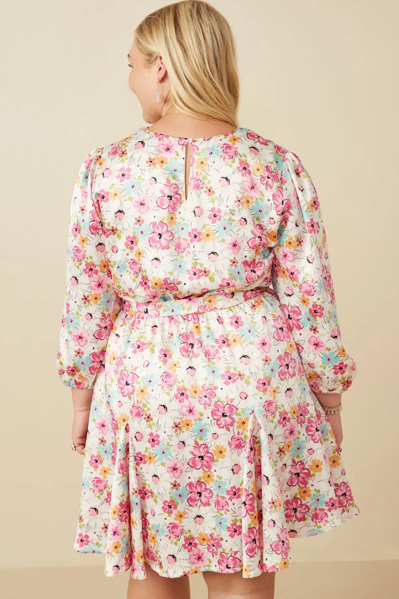 Satin Floral Long Sleeve Belted Flare Skirt Dress