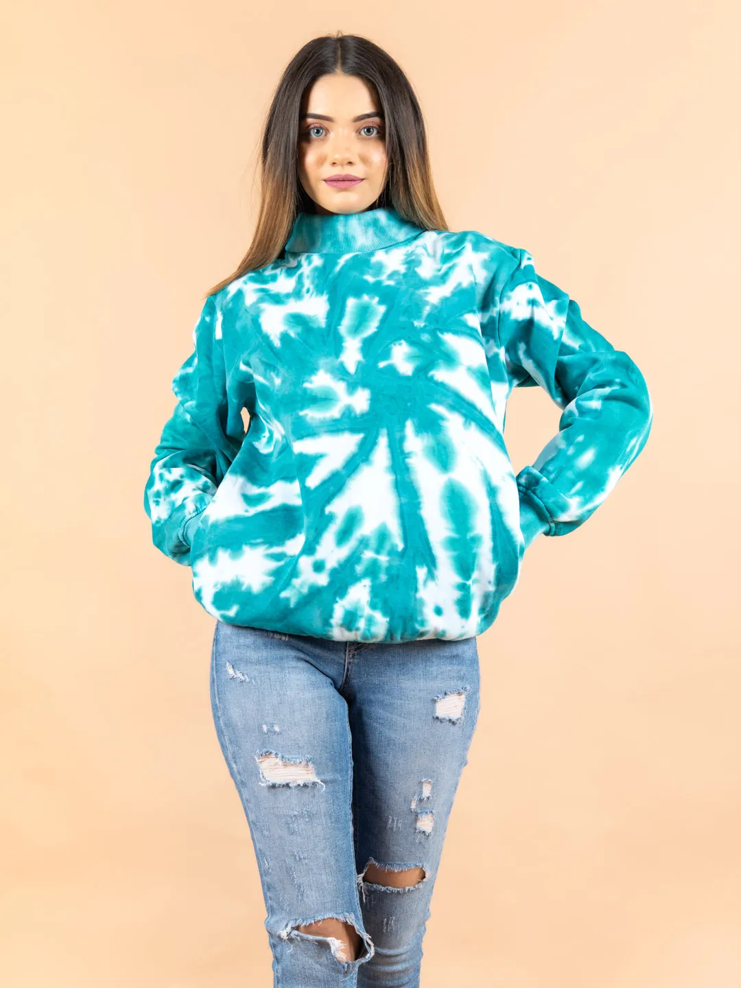 Sea Green Tie and Dye Turtle Neck For Women