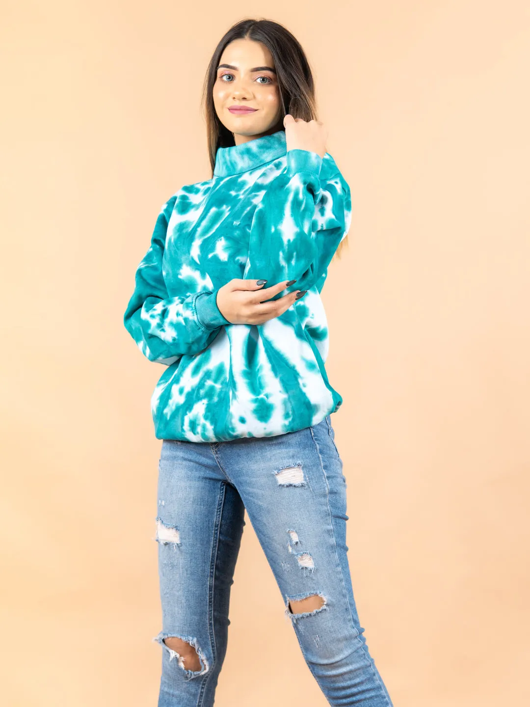 Sea Green Tie and Dye Turtle Neck For Women