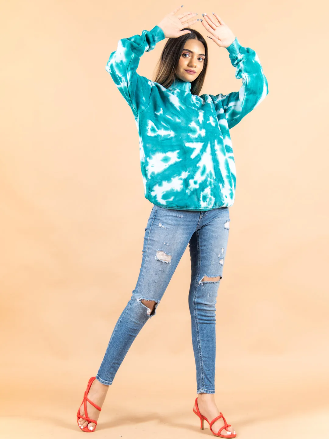 Sea Green Tie and Dye Turtle Neck For Women
