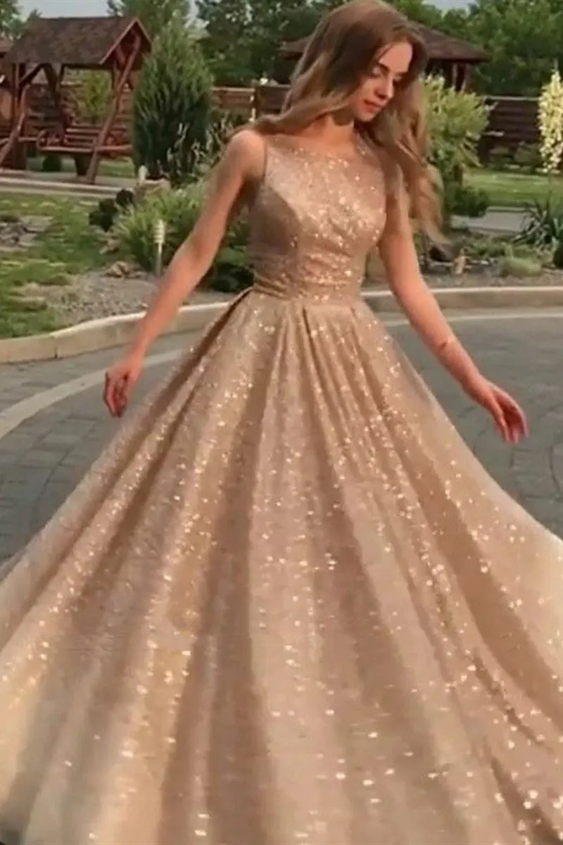 Shiny Champagne Gold Sequins Sleeveless Long Prom Dress, Sparkly Long Formal Evening Dress
