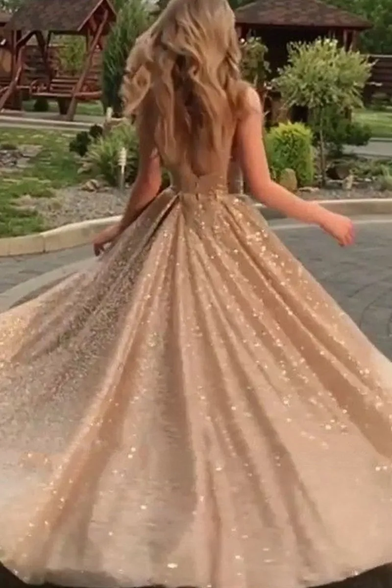 Shiny Champagne Gold Sequins Sleeveless Long Prom Dress, Sparkly Long Formal Evening Dress