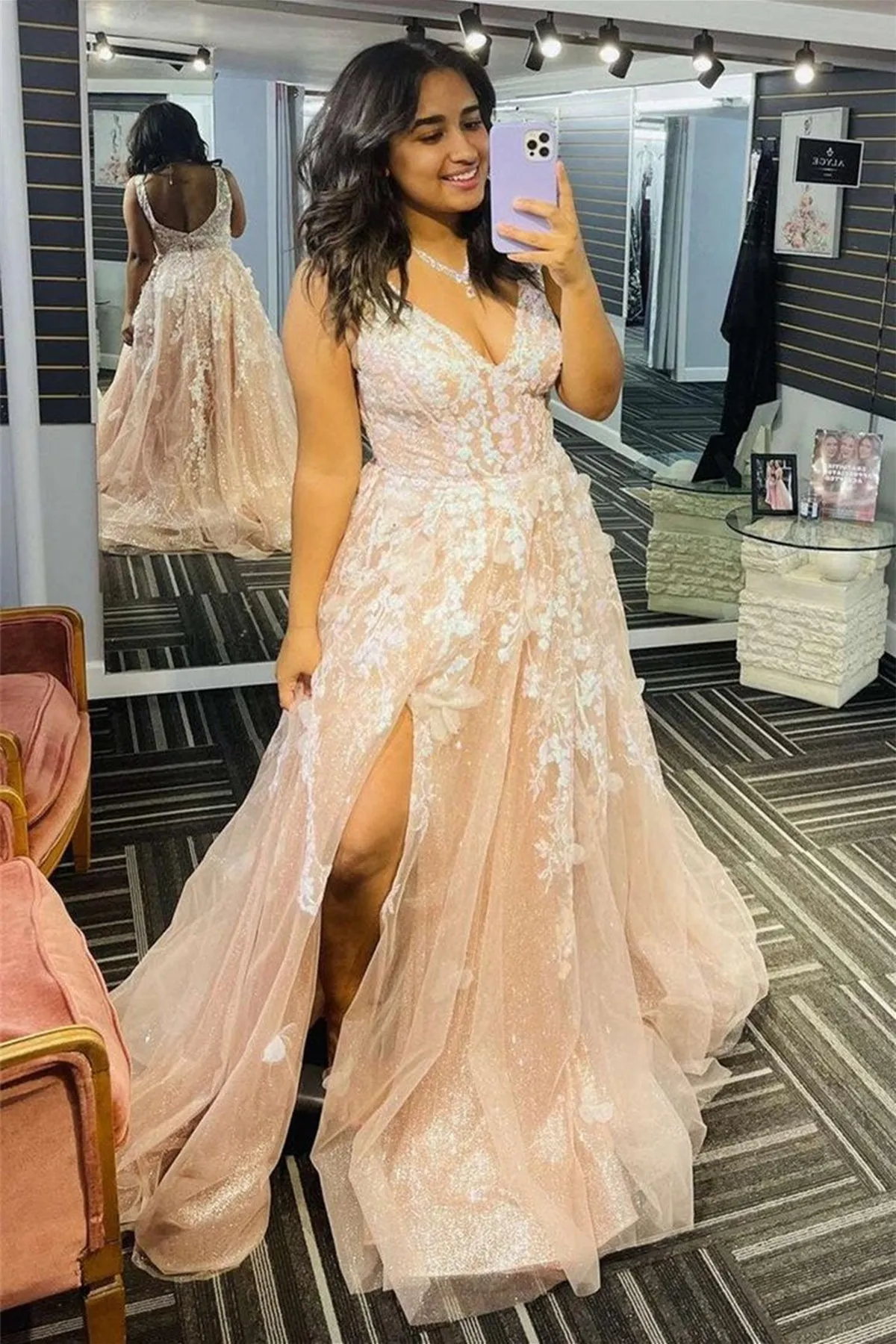 Shiny Tulle V Neck Blue/Champagne Lace Floral Long Prom Dress, Open Back Blue/Champagne Lace Formal Graduation Evening Dress with 3D Flowers A1482