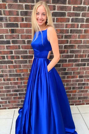 Simple A Line Open Back Royal Blue Satin Long Prom Dress with Pocket, Open Back Long Royal Blue Formal Evening Dress