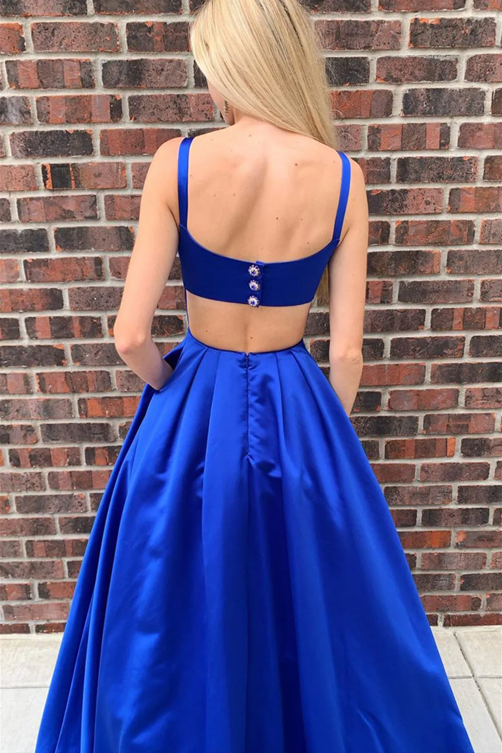 Simple A Line Open Back Royal Blue Satin Long Prom Dress with Pocket, Open Back Long Royal Blue Formal Evening Dress