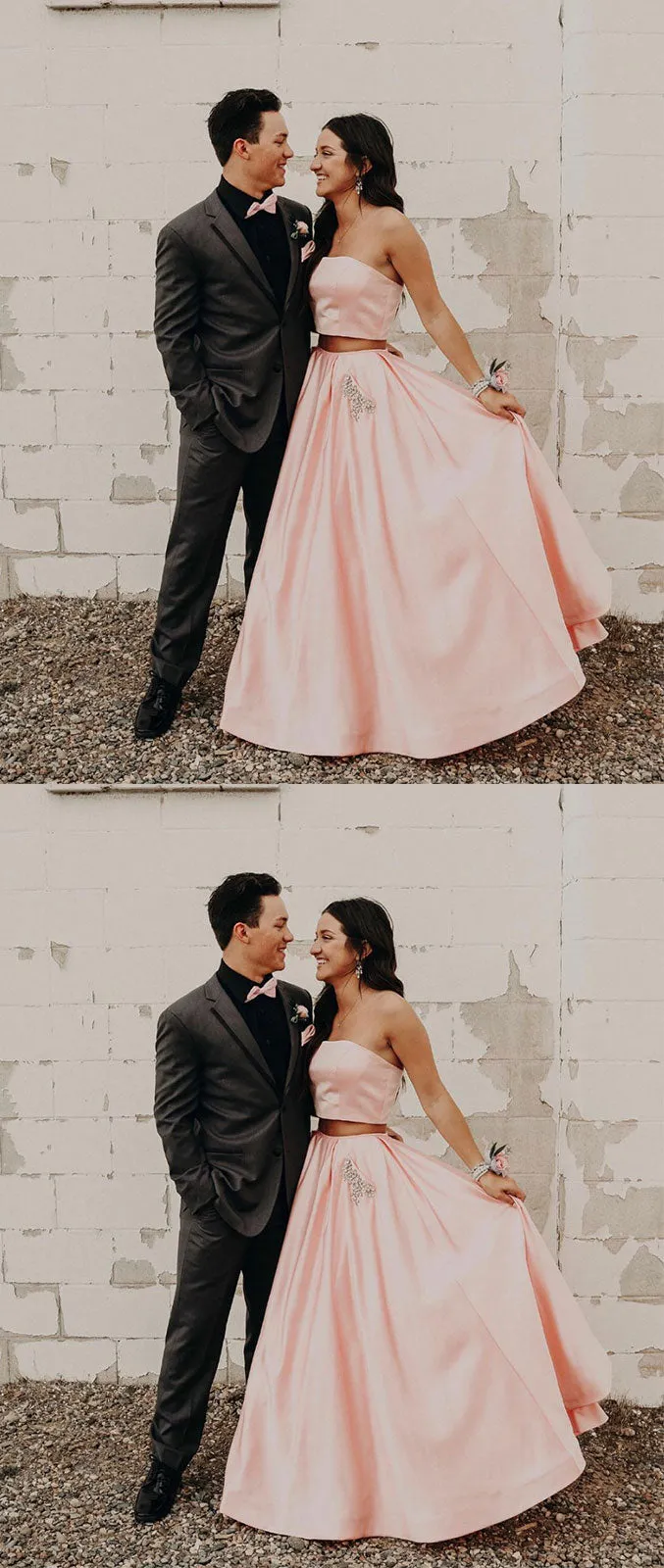 Simple pink two pieces satin long prom dress, pink evening dress
