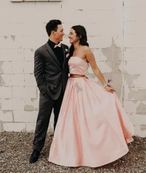 Simple pink two pieces satin long prom dress, pink evening dress