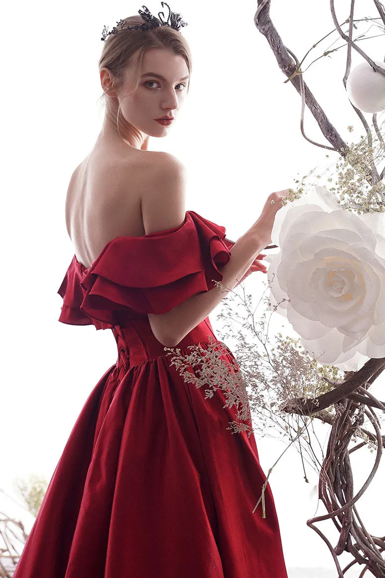 Simple red sweetheart satin long prom dress red bridesmaid dress