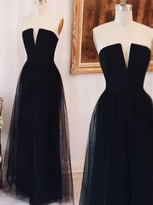 Simple Strapless Strap Tulle Black Long Prom Dress, Strapless Strap Tulle Black Long Formal Dress