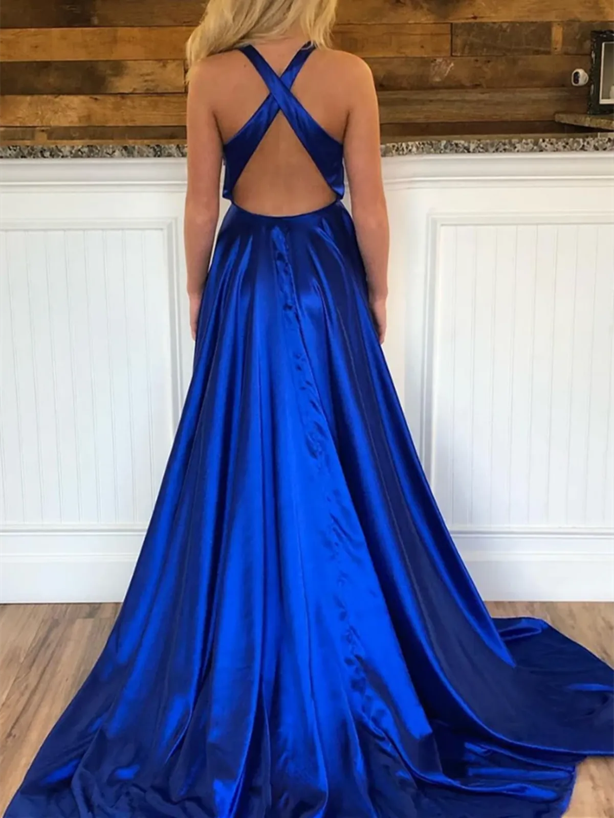 Simple V Neck Royal Blue Criss-Cross Back Satin Long Prom Dresses With Leg Slit, Royal Blue Formal Evening Dresses
