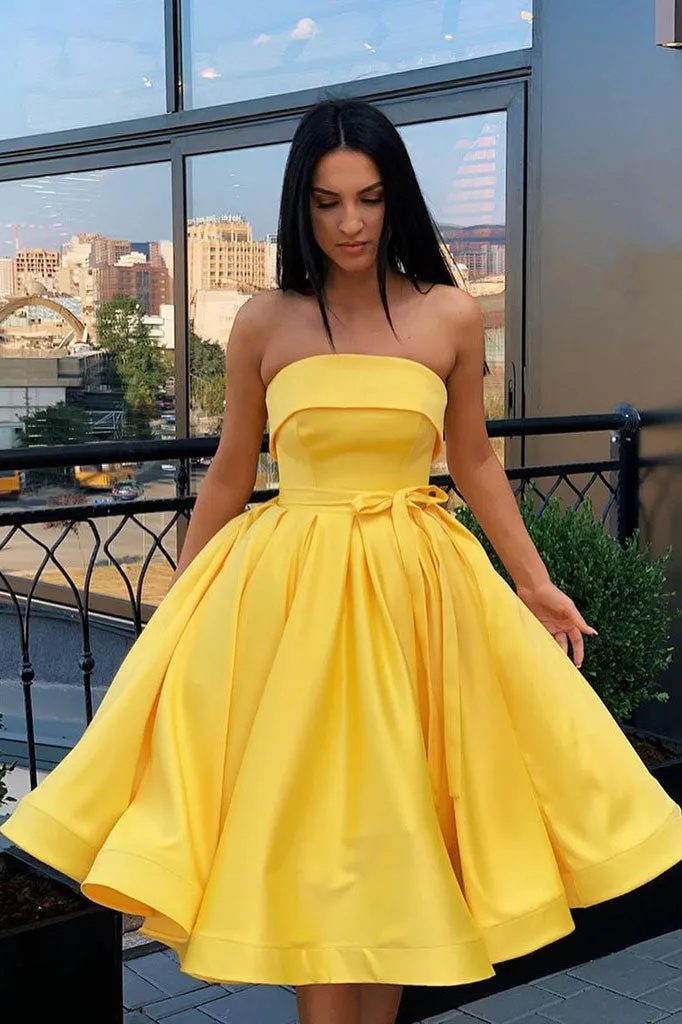 Simple yellow satin short prom dress yellow homecoming dress