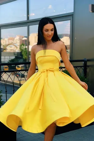 Simple yellow satin short prom dress yellow homecoming dress