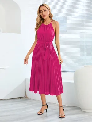 Sleeveless Midi Dress with Pleated Skirt and Belted Waist