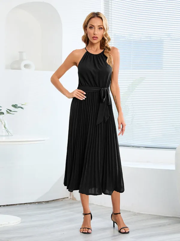 Sleeveless Midi Dress with Pleated Skirt and Belted Waist