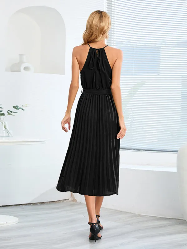 Sleeveless Midi Dress with Pleated Skirt and Belted Waist