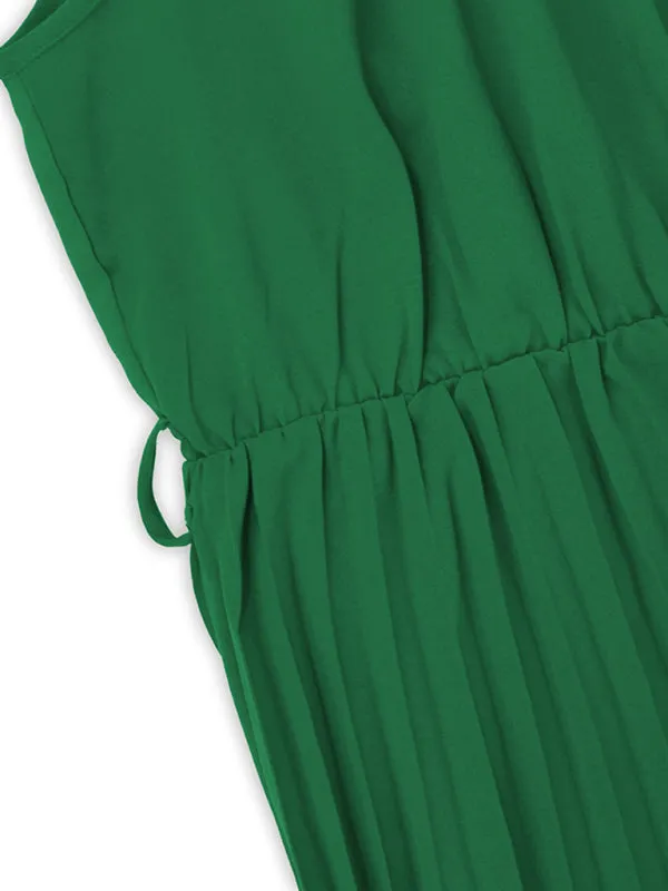 Sleeveless Midi Dress with Pleated Skirt and Belted Waist