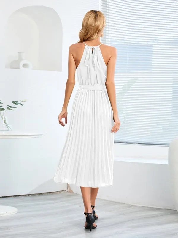 Sleeveless Midi Dress with Pleated Skirt and Belted Waist