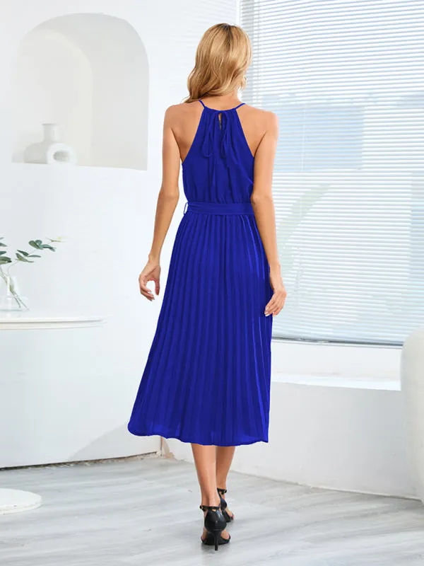 Sleeveless Midi Dress with Pleated Skirt and Belted Waist