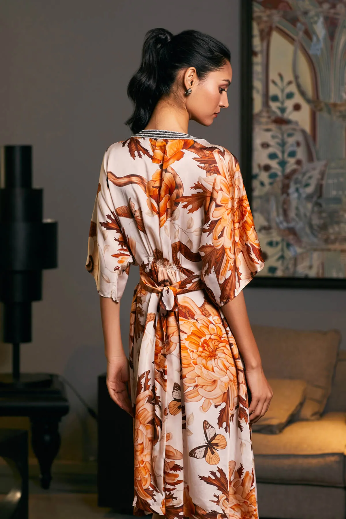Snake printed belted kaftan dress