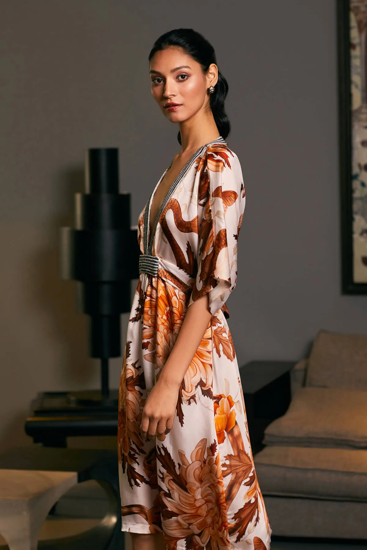 Snake printed belted kaftan dress