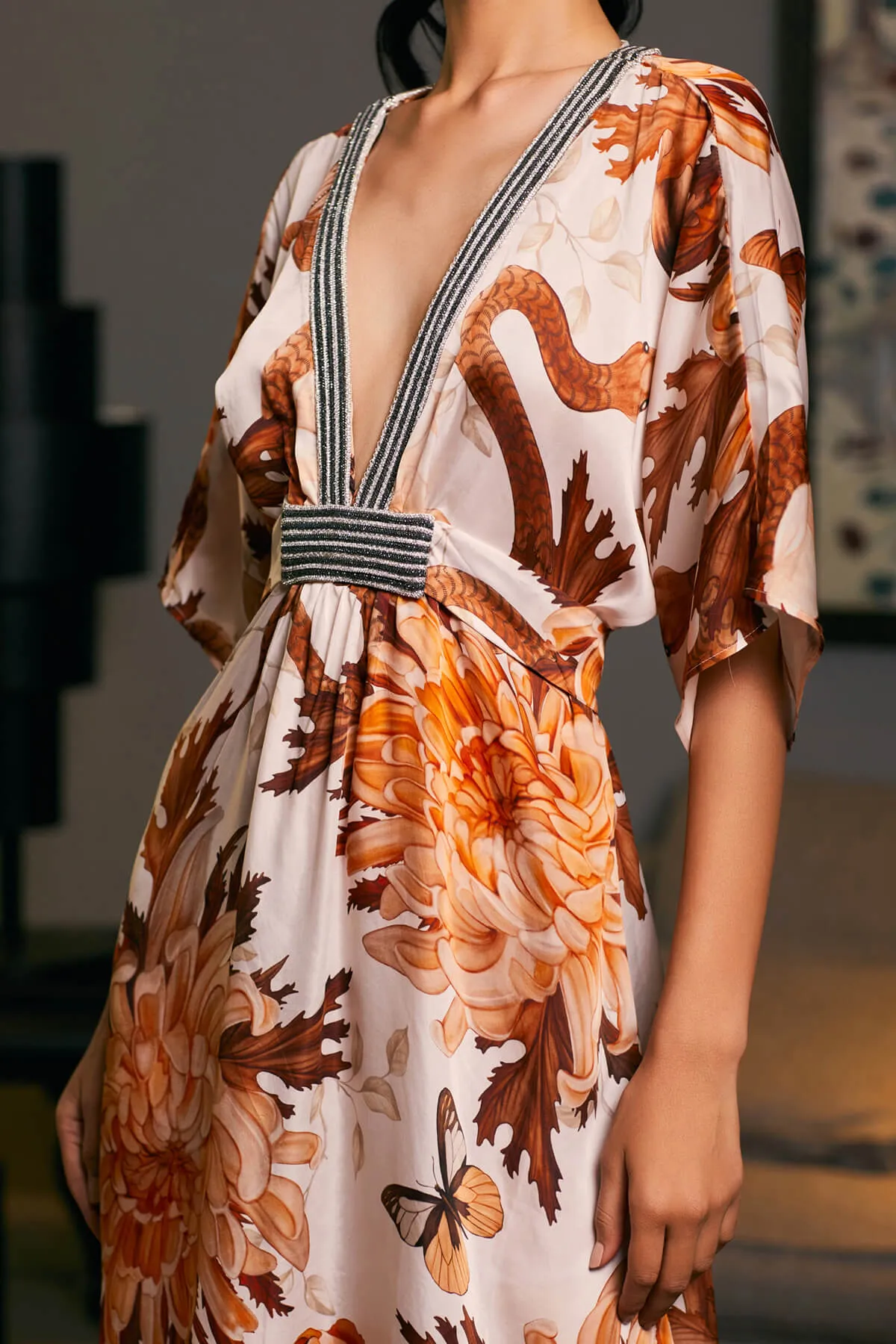 Snake printed belted kaftan dress