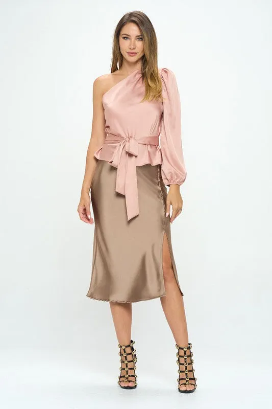 Stretch Satin One Shoulder Formal Top with Tie
