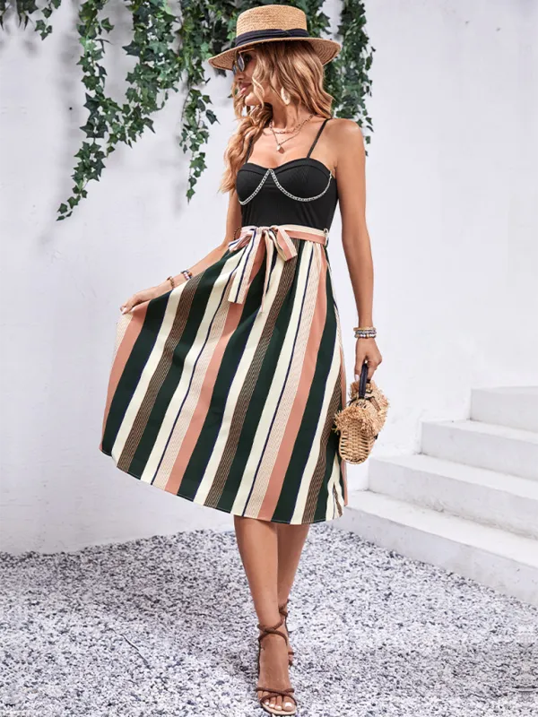 Striped Midi Dress with Spaghetti Straps and Belted Waist