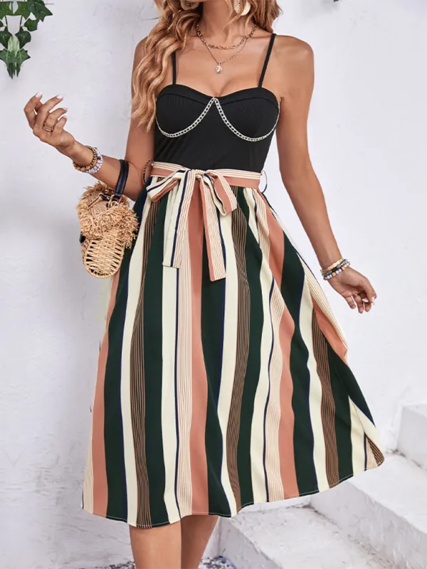 Striped Midi Dress with Spaghetti Straps and Belted Waist