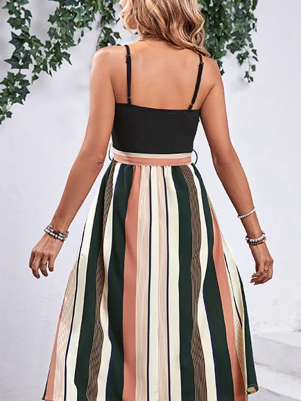 Striped Midi Dress with Spaghetti Straps and Belted Waist