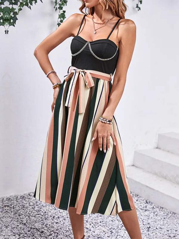 Striped Midi Dress with Spaghetti Straps and Belted Waist