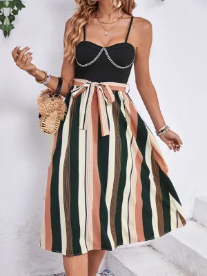 Striped Midi Dress with Spaghetti Straps and Belted Waist