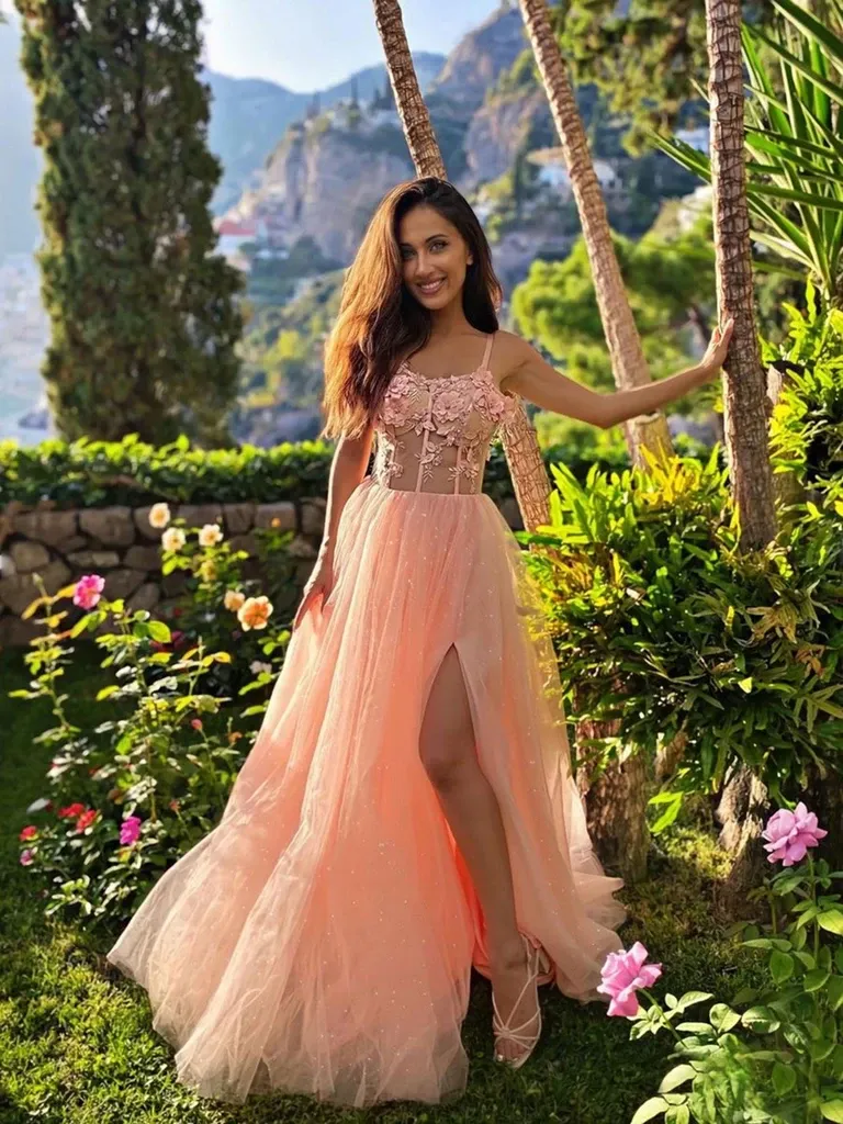 Sweetheart Neck Pink Lace Prom Dresses, Pink Lace Long  Formal Evening Dresses