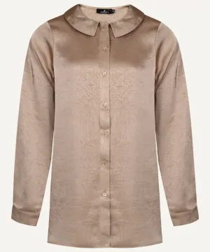 Taupe Satin Long Sleeve Flat Collared Basic Blouse
