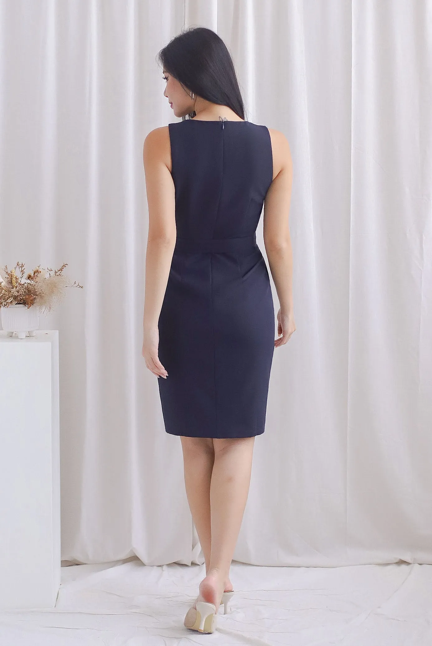 TDC Claude Square Neck Belted Work Dress In Midnight Blue